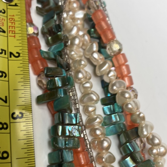 Multi Strand Blue Green Chunk Peach Imitation Pearl Necklace 23" - Picture 11 of 16